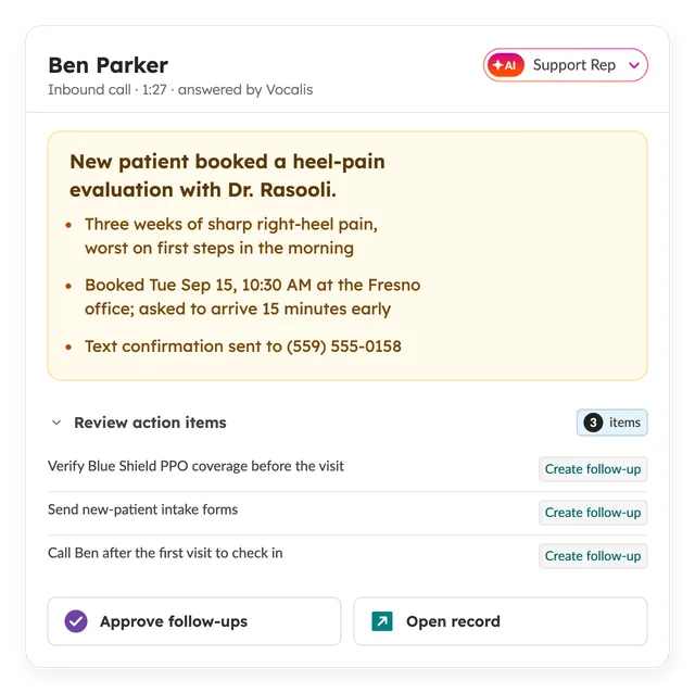 Example Vocalis call summary with appointment details, action items, and follow-up controls.
