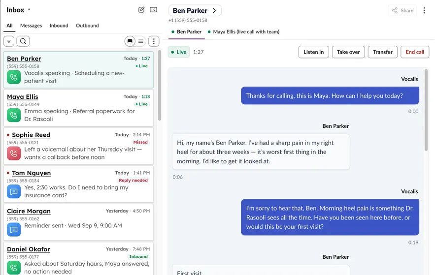 The Vocalis inbox with two calls live right now — one handled by Vocalis, one a teammate answered — above recent missed, text, and completed calls.