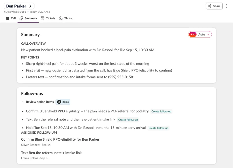 Ben Parker’s call summary in Vocalis with the call overview, key points, and follow-ups.