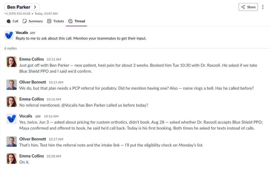 A team thread on Ben Parker’s record where a teammate asks @Vocalis whether he has called before and Vocalis answers with his call history.